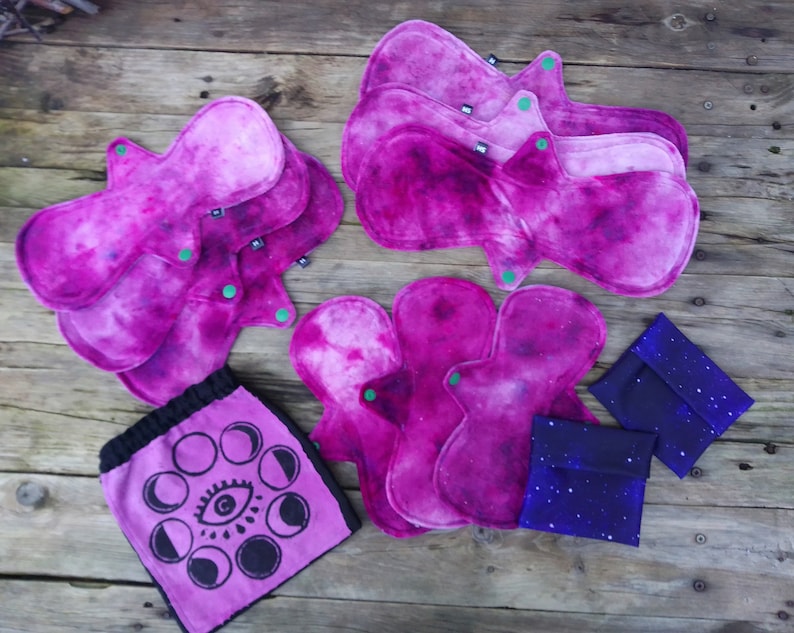 Moon Pack Set of 9 Reusable Menstrual Cloth Pads Eco-friendly Organic Bamboo Velour handmade moon pads tie dye