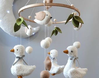 Mobile for baby, forest mobile, goose, mobile in the crib, gift for a newborn, toy in the crib, mobile on the farm, toy goose, three geese