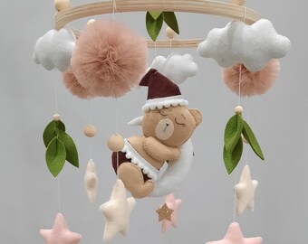 Baby mobile, baby mobile in the crib, felt mobile, felt pendant in the nursery, Bear on the moon, stars