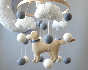 Golden Retriever Baby Mobile for Nursery, Neutral Labrador Crib Mobile with Soft Poms, Puppy Dog Baby Shower Gift for Girls and Boys