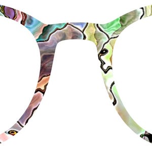 May include: Round-framed eyeglasses with a colorful, abstract pattern. The frames feature a mosaic-like design with shades of pink, blue, green, and yellow. The glasses have a classic shape, suitable for various face shapes.
