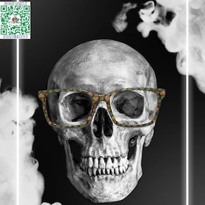 May include: A grayscale image of a human skull wearing patterned eyeglasses. The skull is centered against a dark background with white smoke-like shapes on the sides. The glasses have a brown, green, and yellow pattern.