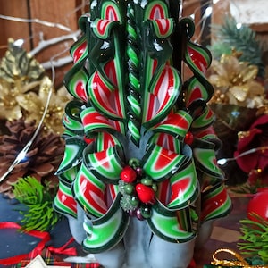Medium Colorful And Unique Hand carved candle - Green Christmas candle - Perfect Christmas gift and Christmas decor