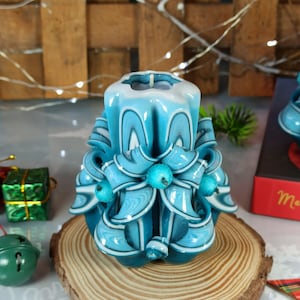 Small Colorful And Unique Hand carved candle -turquoise color Christmas candle with berries - Perfect Christmas gift Christmas decor Gift