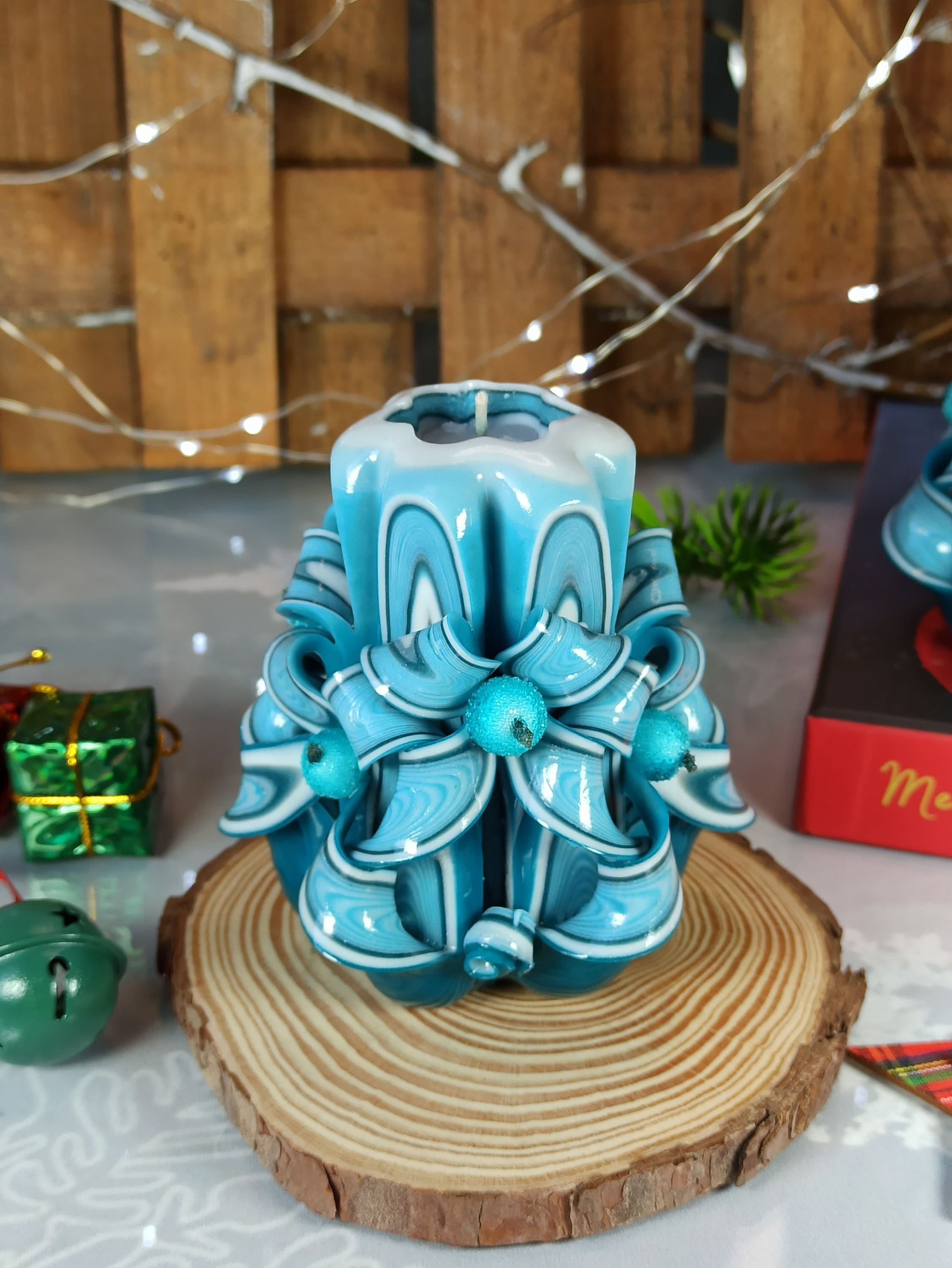 Hand Carved Candles Teal Blue Different Sizes 11-20 CM Colorful Decoration 