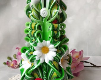 XLarge Colorful And Unique Hand Carved Unscented Candle - Perfect Home Decor Or Gift Candle For Many Occasions