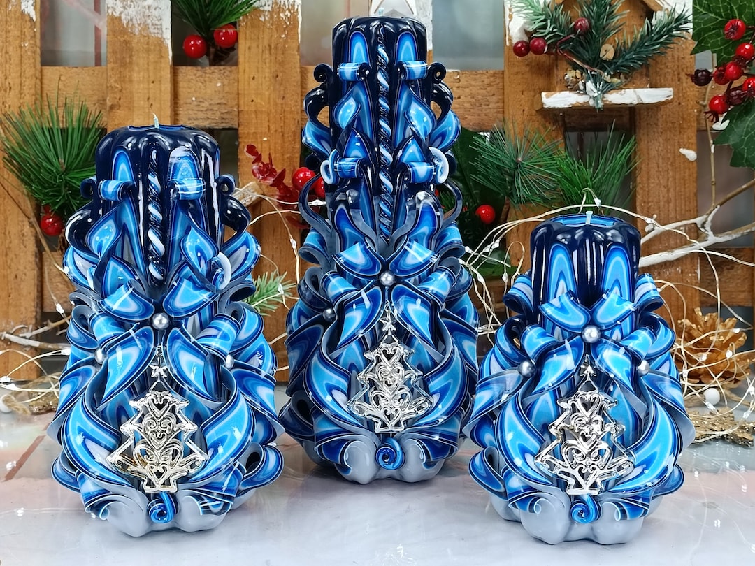 Colorful and Unique Hand Carved Candle Turquoise Christmas Candle
