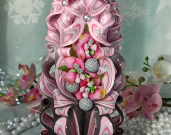 XLarge Colorful And Unique Hand Carved Unscented Candle with decor - Perfect Home Decor Or Gift Candle For Many Occasions Gift For Her