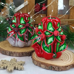 Small Colorful And Unique Hand Carved Unscented Christmas Candle - Perfect Christmas Decor Gift Idea for Cristmas Gift For Her