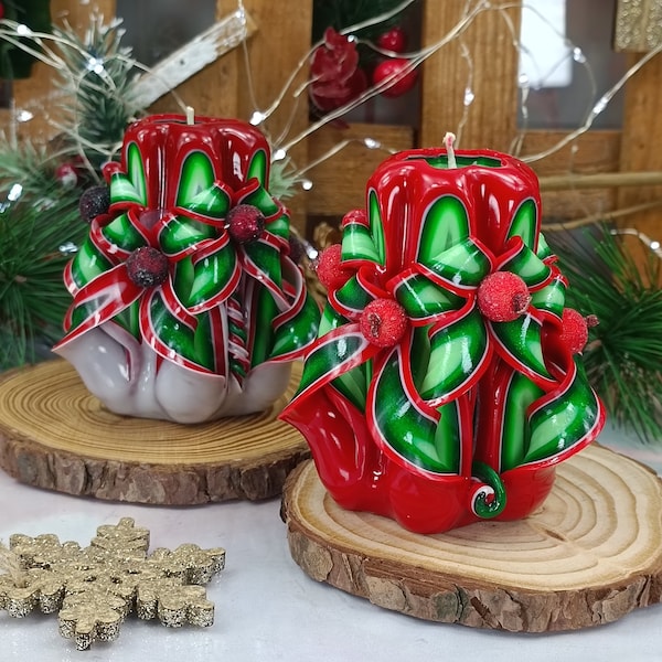 Small Colorful And Unique Hand Carved Unscented Christmas Candle - Perfect Christmas Decor Gift Idea for Cristmas Gift For Her