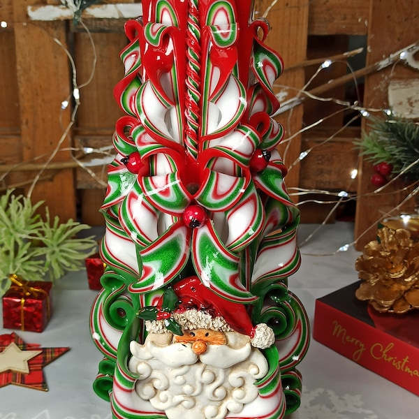 XLarge Colorful And Unique Hand carved candle with Santa - Red Christmas candle - Perfect Christmas gift and Christmas decor