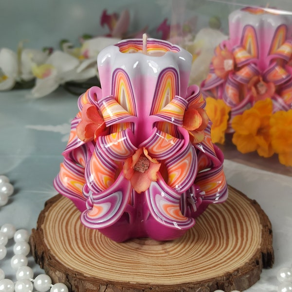 Small Colorful And Unique Hand Carved Unscented Candle - Perfect Home Decor Or Gift Candle For Many Occasions Gift For Her