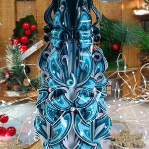 XLarge Colorful And Unique Hand carved candle - Turquoise Christmas candle - Perfect Christmas gift and Christmas decor