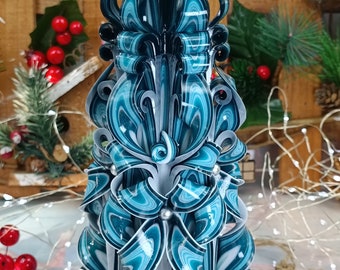 XLarge Colorful And Unique Hand carved candle - Turquoise Christmas candle - Perfect Christmas gift and Christmas decor