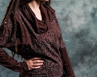 Top a MANICHE LUNGE per donna~Stampa~Maglione~Maglia senza schienale~Top corto hippie~asimmetrico~Indumento Goa Psy Tance~Zingaro~Tribale~Abbigliamento terroso e alternativo