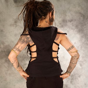 Knitted Hooded Crop Top for Women~Black T-Shirt~Goa Top~Hippie Clothes~Boho Tank~Alternative~Psy trance Festival Wear~Gypsy,Tribal Clothing