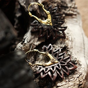 Wooden brass Earring~ornamental earrings~Goa psy trance~Wooden leaf earring~Tribal earring~Boho,Hippie earrings~bohemian hoop~woman Jewelry