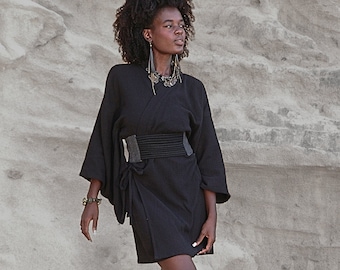 VESTIDO kimono ~ Negro ~ kimono corto ~ vestido boho ~ ropa hippie ~ vestido caftán ~ vestido boho cruzado ~ ropa tribal, alternativa ~ festival psytrance de Goa