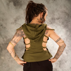 Knitted Hooded Crop Top for Women~Green T-Shirt~Goa Top~Hippie Clothes~Boho Tank~Alternative~Psy trance Festival Wear~Gypsy,Tribal Clothing