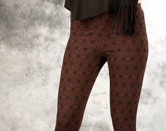 Leggings woman print geometric Stars~Brown~Yoga Leggings~stretch~Boho,Earthy,Alternative~Goa Psy trance Leggings~Gypsy Hippie Tribal Clothes