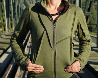 Hooded Jacket for Women~Green~Sweater~Alternative Clothing~Hippie clothes~Goa Jumper~Urban Pullover~Forest Hoodie~Psy Trance Festival Wear