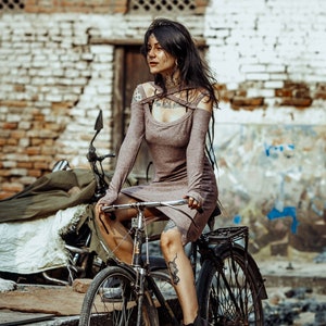 Short Long Sleeve Dress~Brown~Boho Dress~Hippie clothes~Goa Dress~Cold Shoulder~Psy trance Festival Clothing~Gypsy,Tribal Clothing~YamunaArt