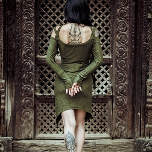 Short Long Sleeve Dress~Green~Boho Dress~Hippie clothes~Goa Dress~Cold Shoulder~Psy trance Festival Clothing~Gypsy,Tribal Clothing~YamunaArt