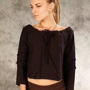Knitted crop top sweater for Women~crop sweatshirt~Black jumper~Hippie clothes~Boho Shirt~off shoulder top~Goa Top~Psy Tance wear~Yamuna Art