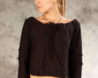 Knitted crop top sweater for Women~crop sweatshirt~Black jumper~Hippie clothes~Boho Shirt~off shoulder top~Goa Top~Psy Tance wear~Yamuna Art