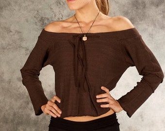 Knitted cropped sweater for Women~crop sweatshirt~Brown jumper~Hippie clothes~Boho Shirt~off shoulder top~Goa Top~Psy Tance wear~Yamuna Art
