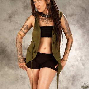 Knit Vest for women~Green~asymmetric~Hoodie~Goa Festival~Hippie~Alternative~Earthy~Boho~Yoga~Tribal Clothes~Psy Trance Clothing~YamunaArt