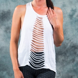 Tank Top for Women~White~T-Shirt~Festival~Goa Top~Party~Goa Psy Trance~asymmetric~Hippie~Alternative~Unique ~Gypsy~Tribal Clothes~Yamuna Art