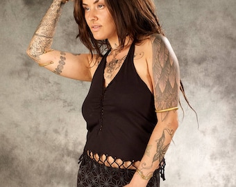 Top ritagliato, con supporto per il collo per donna-NERO~Rete~T-shirt in cotone~SENZA SCHIENALE~Goa Psy Trance~Hippie~Alternativo~Unico~Gypsy~Abbigliamenti tribali~Yamuna Art