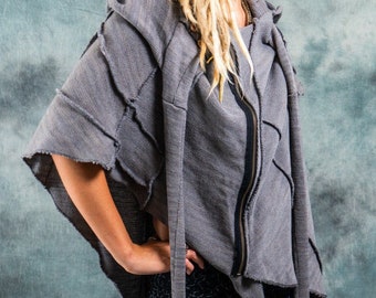 Knit poncho for women~Wool~Grey~Hooded Cape with scarf~Boho Cover up~Sweater Hoodie~asymmetric~Goa Psytrance Wear~Hippie,Alternative clothes
