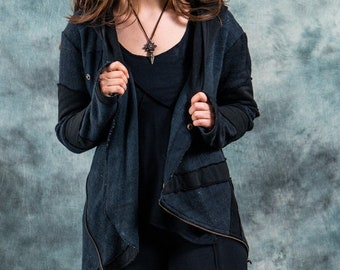Knit hooded Jacket for Women~Jumper~Sweater~Goa Hoodie~asymmetric~Psy Trance wear~Hippie clothes~Alternative Pullover~tribal Cardigan,Coat
