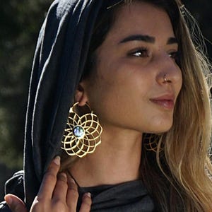 Mother of pearl brass Hoop Earrings~Sacred geometric earrings~Goa psy trance~Tribal earring~Boho,Hippie earrings~bohemian hoop~woman Jewelry