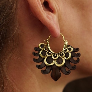 Wooden brass Earring~ornamental earrings~Goa psy trance~Wooden earring~Tribal earring~Boho,Hippie earrings~bohemian hoop~woman Jewelry