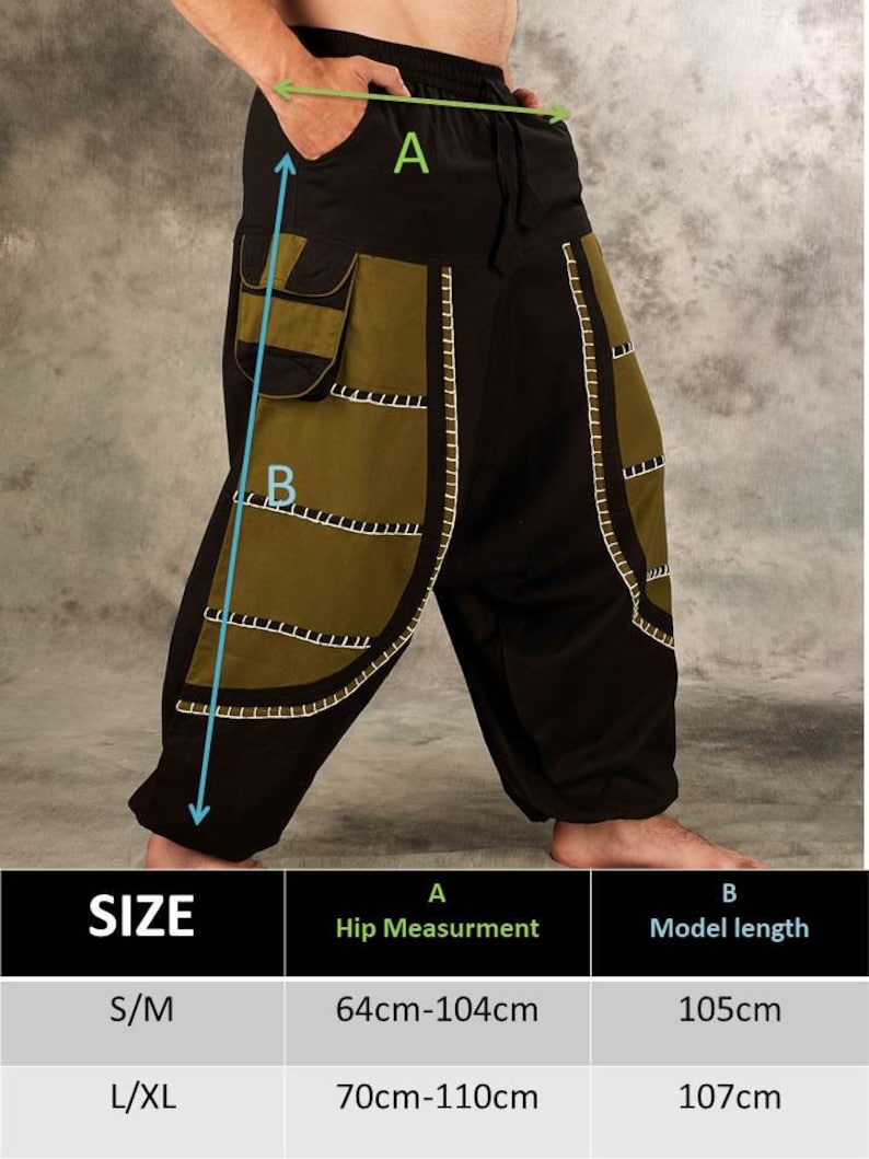May include: Size chart for pants with measurements in inches. The chart shows hip measurements and model length for two sizes: S/M and L/XL. The hip measurements for S/M are 64cm-104cm and for L/XL are 70cm-110cm. The model length for S/M is 105cm and for L/XL is 107cm.