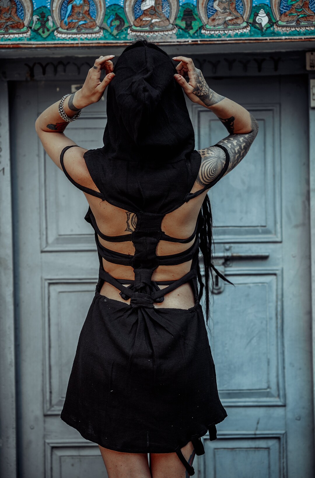 Knitted Short Dress With Hoodie~alternative Clothing~goa Psy Trance Wear  Clothing~festival Clothing~gypsy Hippie Tribal Clothing~yamunaart