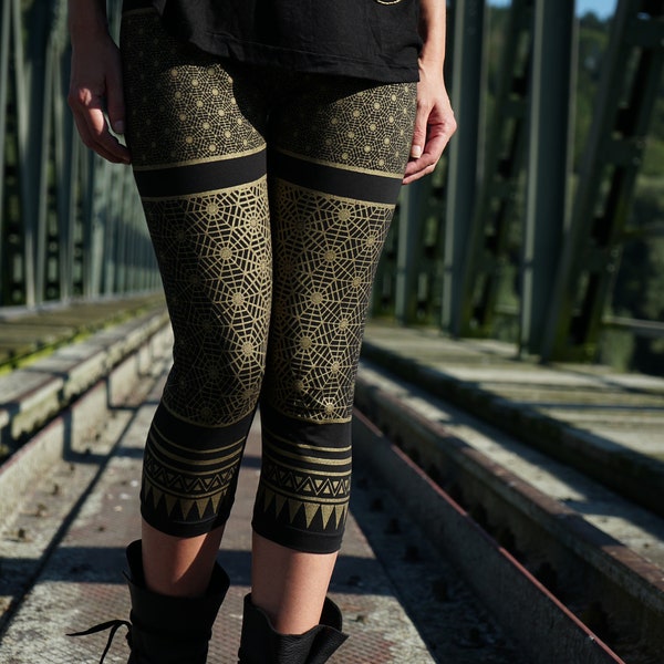 Tribal Leggings for Women~Geometric Print~Gold~3/4-Yoga Leggings~Festival clothing~Goa Psy Trance~Hippie,Alternative,Pixie,Pants~Yamuna Art