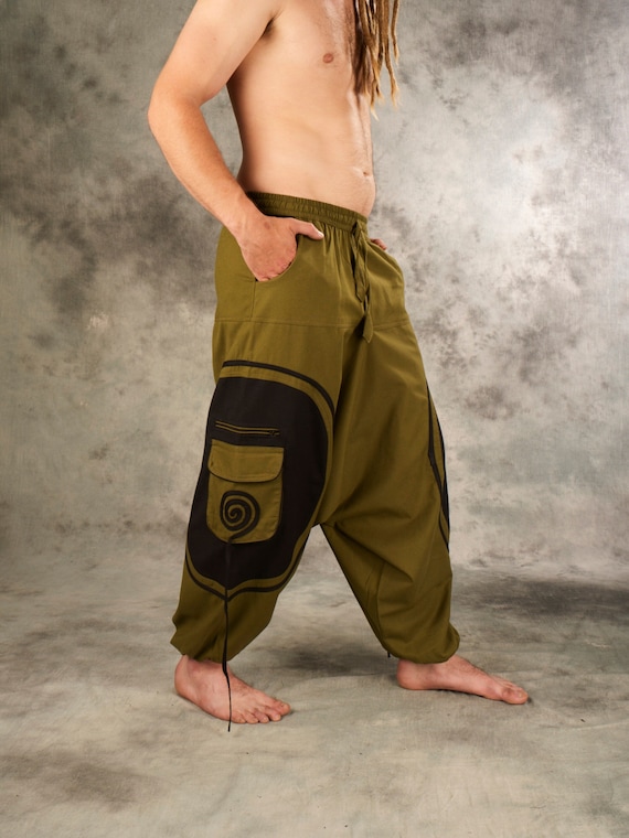パンツ goa fringed pockets linen cargo pants Goa Trouser Spiral~green,cotton Pants~harem Pants Hippie~pocket