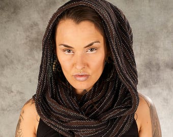 Knitted Cotton Infinity Scarf-Tube Shawl Hood earthy natural Goa Alternative psy trance wear Scarf Shawl Tribal Hippie Clothing-Yamuna Art