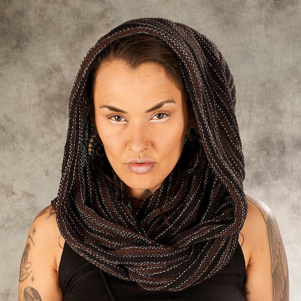 Knitted Cotton Infinity Scarf-Tube Shawl Hood earthy natural Goa Alternative psy trance wear Scarf Shawl Tribal Hippie Clothing-Yamuna Art