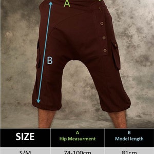 May include: Dark brown cropped pants featuring a side button closure, two side cargo pockets, and an asymmetrical waistband. A size chart is included, showing hip measurements from 74-108 cm and model lengths of 81-83 cm, with arrows labeled A and B.