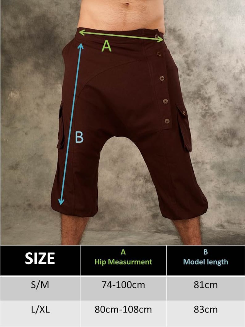 May include: Dark brown cropped pants featuring a side button closure, two side cargo pockets, and an asymmetrical waistband. A size chart is included, showing hip measurements from 74-108 cm and model lengths of 81-83 cm, with arrows labeled A and B.