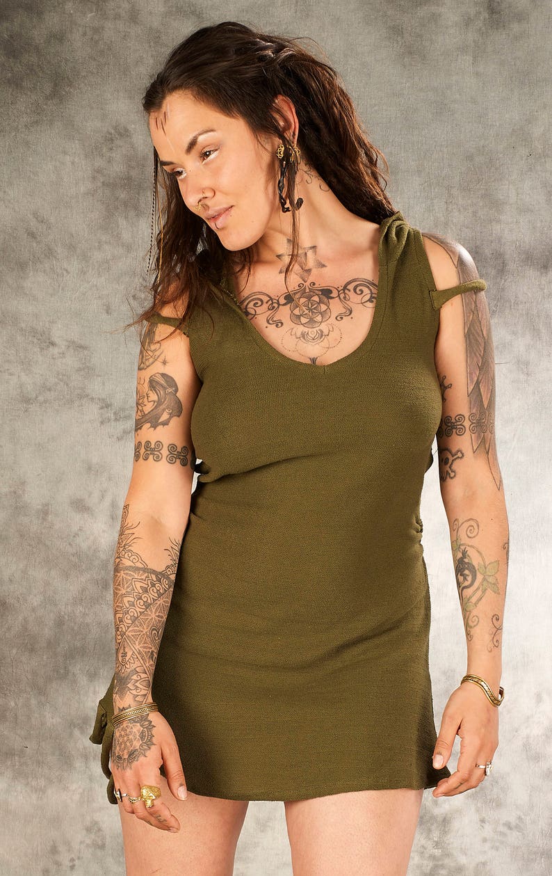 Knitted Short Dress with Hoodie~Earthy Alternative clothing~Goa Psy trance Wear Clothing~Goa Festival~Gypsy Hippie Tribal Clothing~YamunaArt