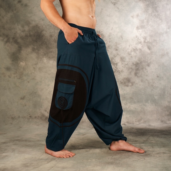 Pantalon Goa Spiral~bleu, pantalon en coton~Sarouel Hippie~Pocket~Pantalon Aladdin~Tribal, Pantalon Boho~Psy trance~Pantalon Alibaba~Pantalon de yoga ample