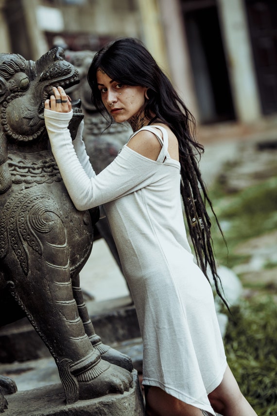Short Long Sleeve Dress~cream~boho Dress~hippie Clothes~goa Dress~cold  Shoulder~psy Trance Festival Clothing~gypsy,tribal Clothing~yamunaart