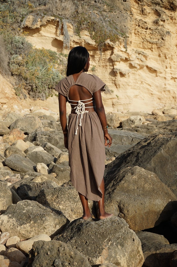 High Low Dress~Brown Dress~Hippie Clothes~Boho Dress~Asymmetric Dress~Backless Dress~Festival Clothes~Goa Psy Trance Clothes~Tribal Clothes