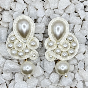 Handmade White Bridal Earrings Soutache Bohemian Statement Fashion Long Drop Earrings with Pearls